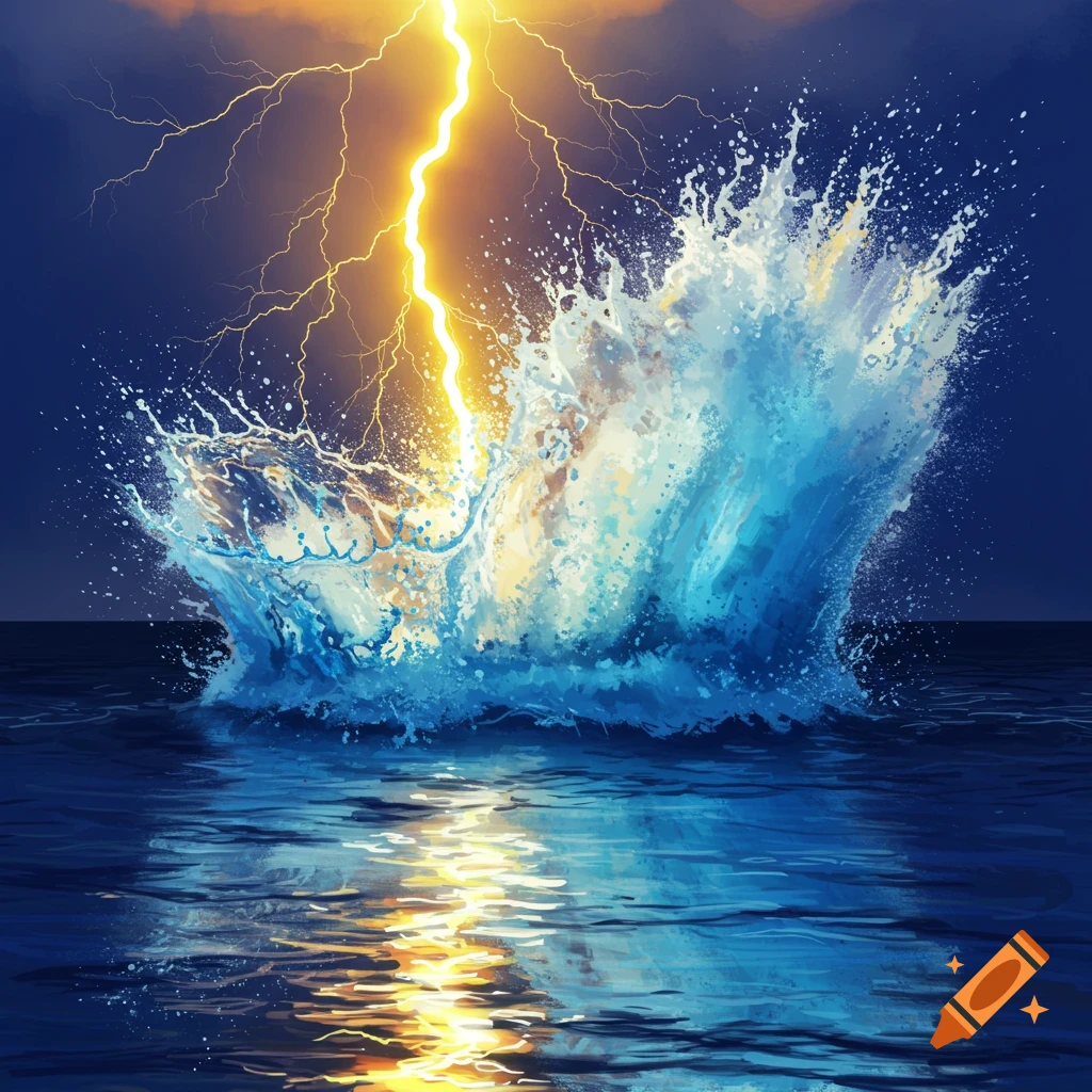 Lightning striking water, creating a large splash.