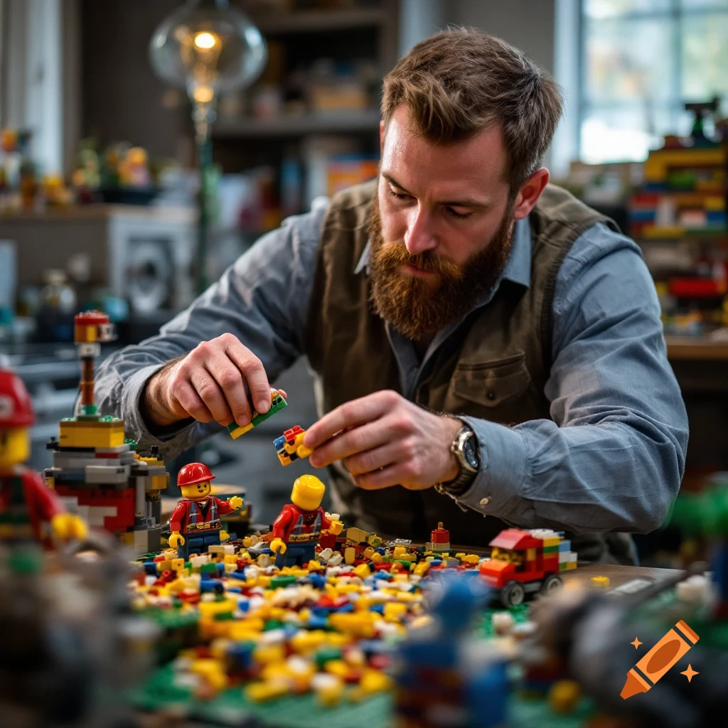 A man with a beard plays with colorful Lego bricks and figures.