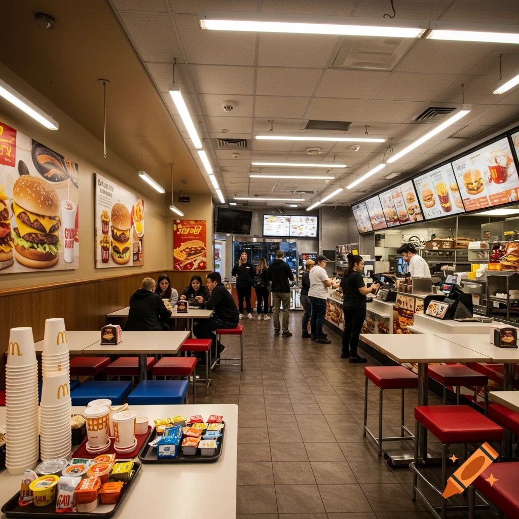 Interior view of a busy fast food restaurant with customers and staff.