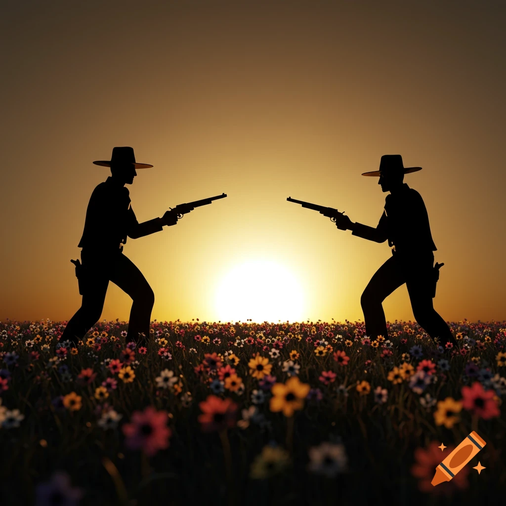 Two cowboy silhouettes face off in a field of colorful flowers at sunset.