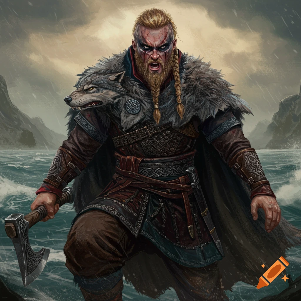 A fierce Viking warrior with a wolf pelt and axe stands by a stormy sea.
