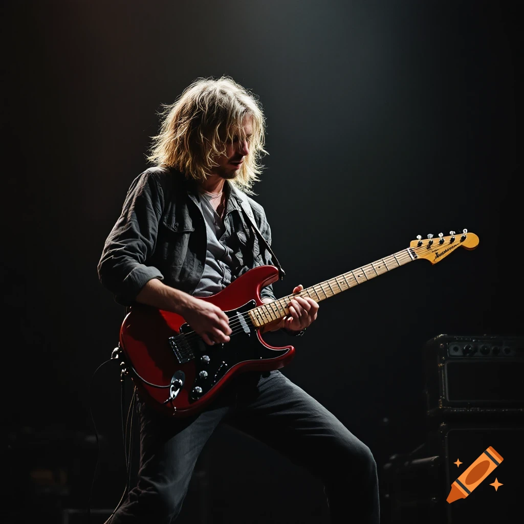 Person resembling Kurt Cobain playing a red electric guitar on a dark stage.
