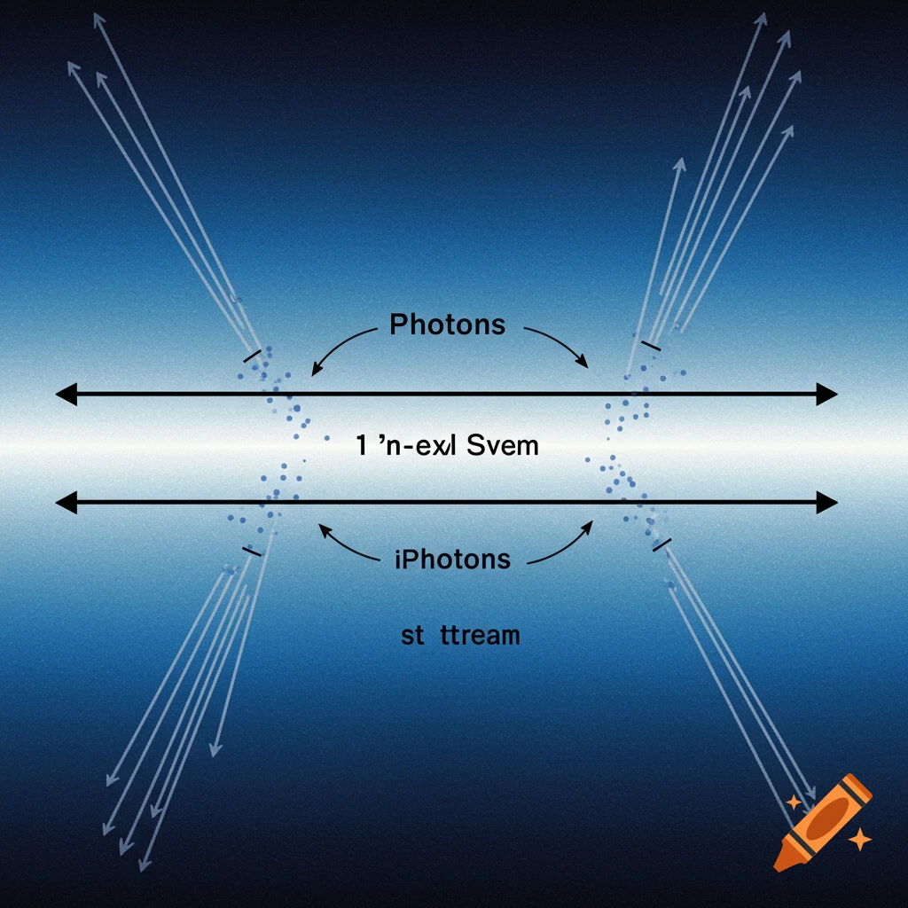 A diagram of two parallel lines with particles moving between them and emitting streams, labeled with various words.
