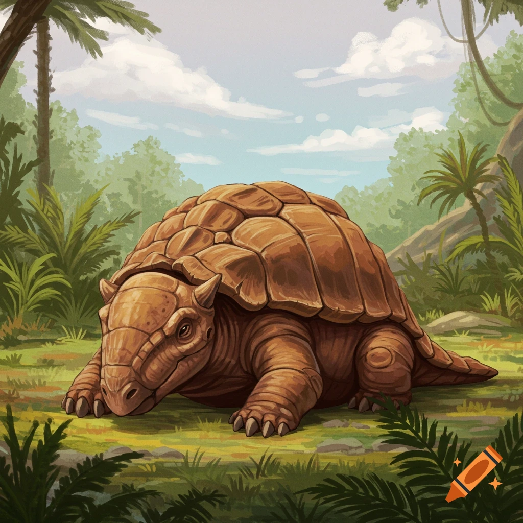 A Doedicurus resting in a lush jungle.