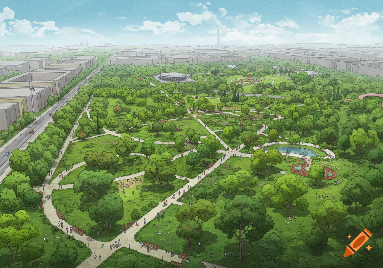 Aerial view of a large park with walking paths, trees, people, and surrounding buildings.