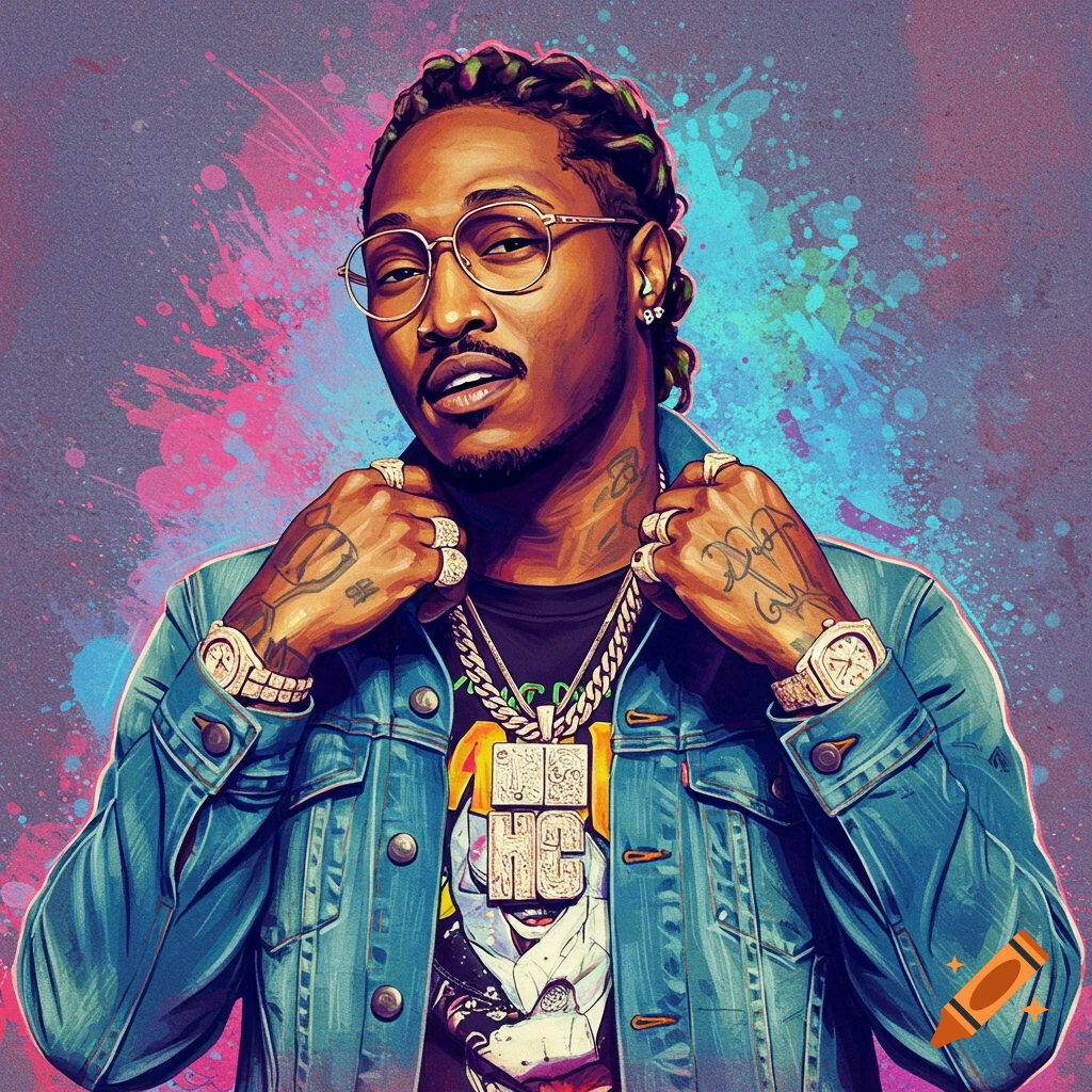 Future with dreadlocks, glasses, jewelry, and a denim jacket against a colorful background.