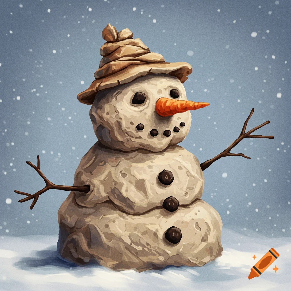 A lumpy snowman with stick arms, button eyes, a carrot nose, and a hat standing in the snow.
