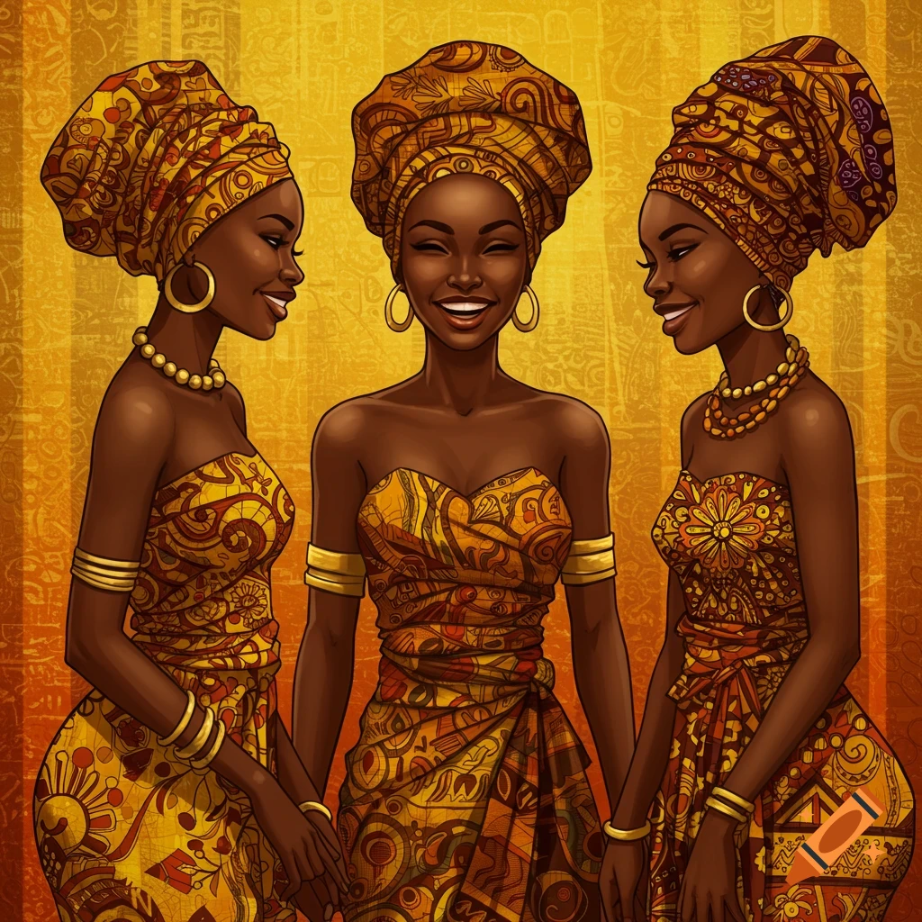 Three smiling African women are dressed in vibrant traditional clothing and headdresses.