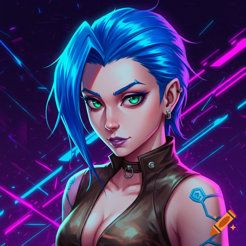 Stylized portrait of a woman with blue hair and green eyes against a neon purple and pink background.