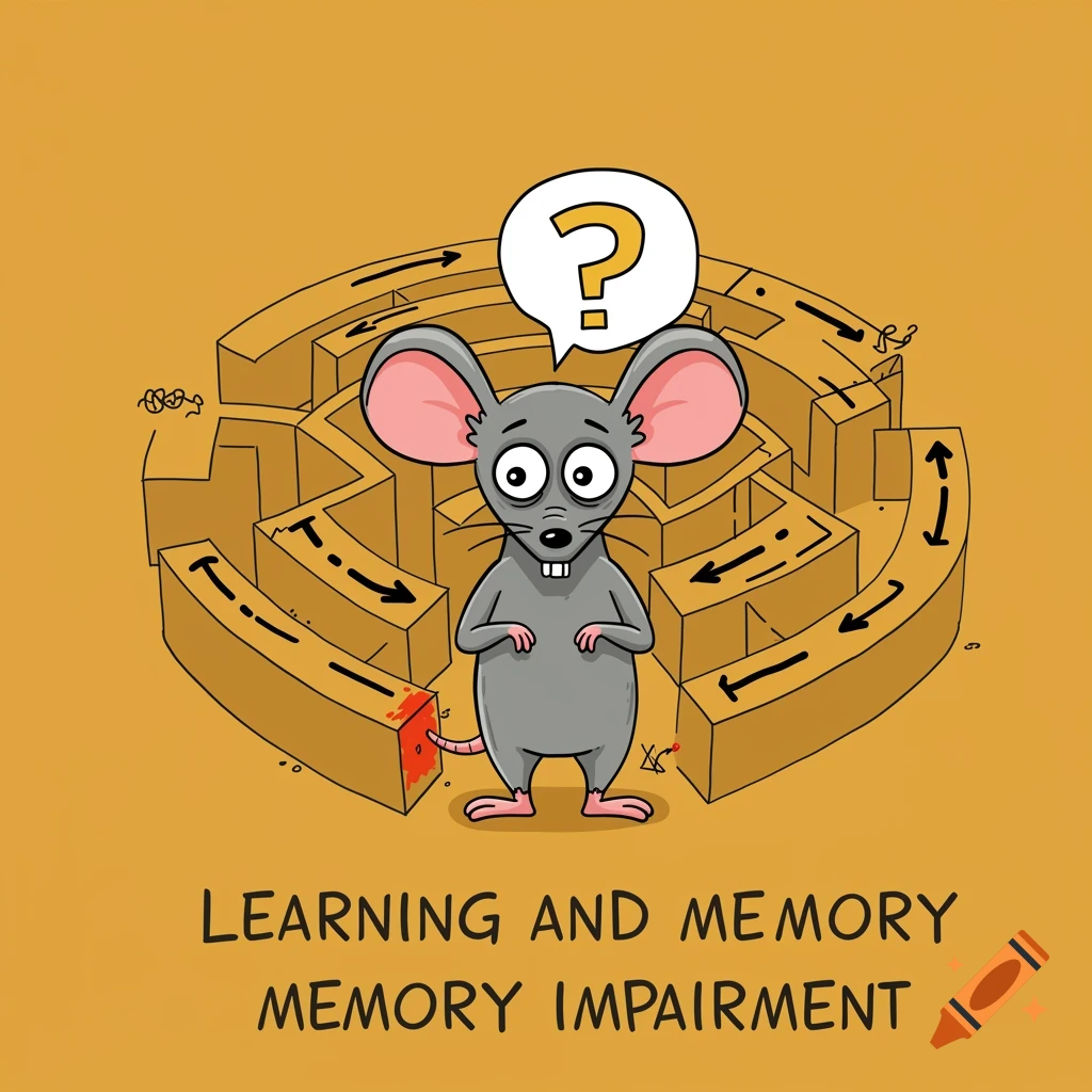 Cartoon illustration of a confused mouse in a maze with a question mark above its head and the text 'LEARNING AND MEMORY MEMORY IMPAIRMENT' below.