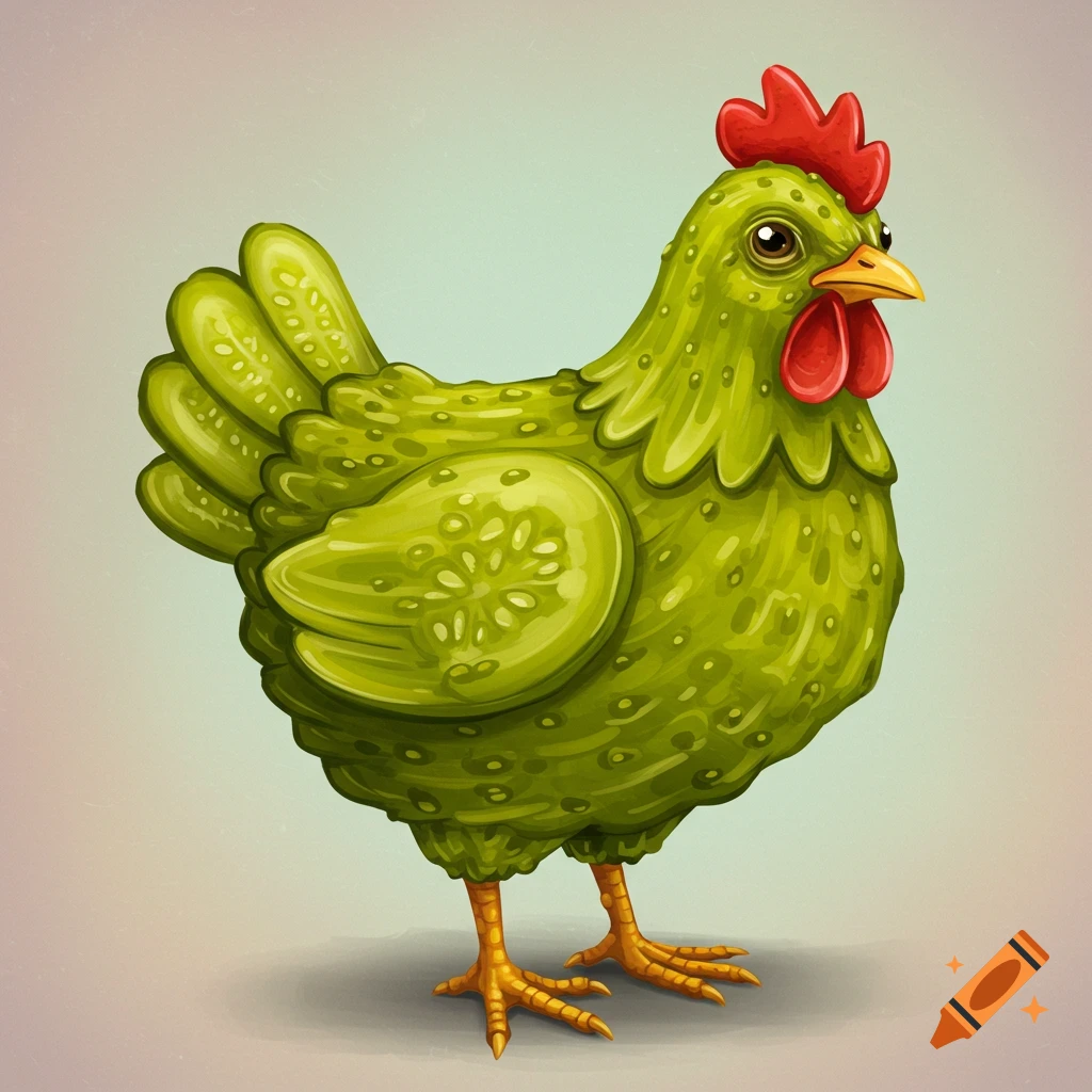 A cartoon chicken made of green pickles.