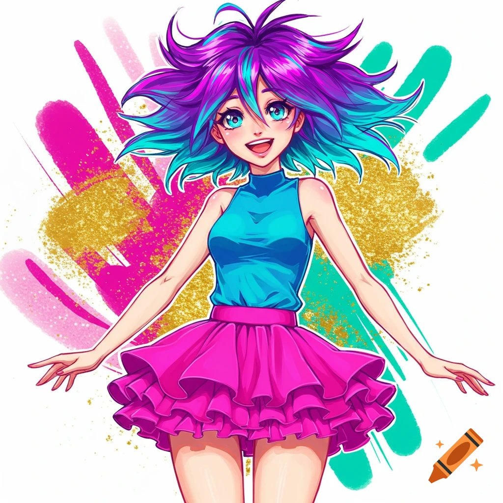 Anime girl with purple and teal hair in blue top and pink skirt against colorful background