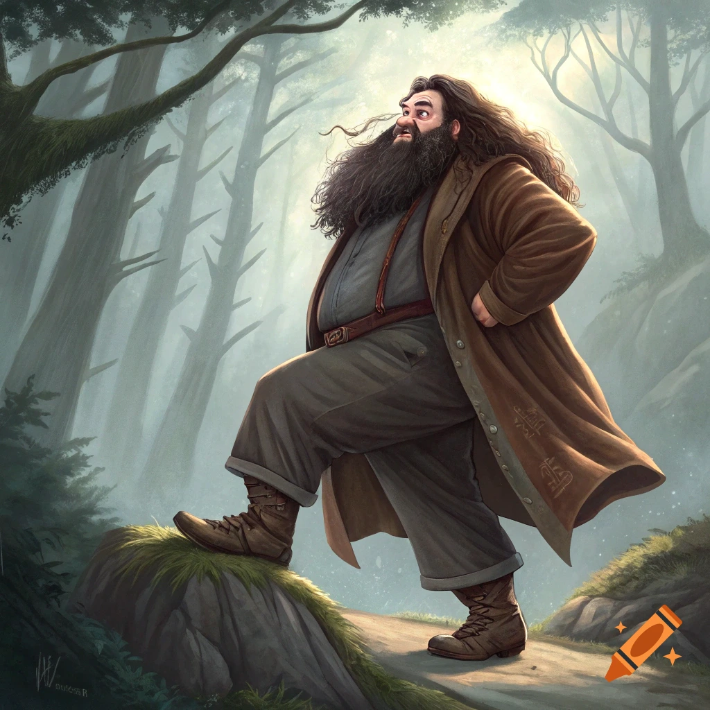 Illustration of Hagrid walking up a hill in a misty forest.