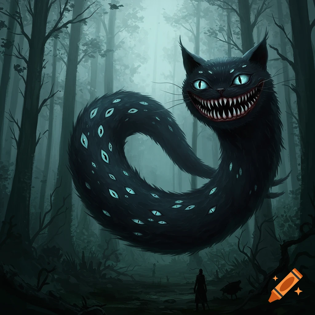 A long, black, multi-eyed monster cat with a creepy smile and sharp teeth floats in a dark forest above a small person.