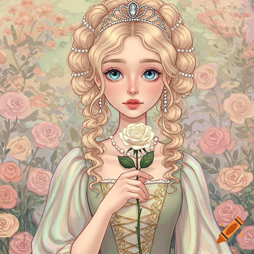 A blonde princess is holding a white rose in a garden of pink roses.
