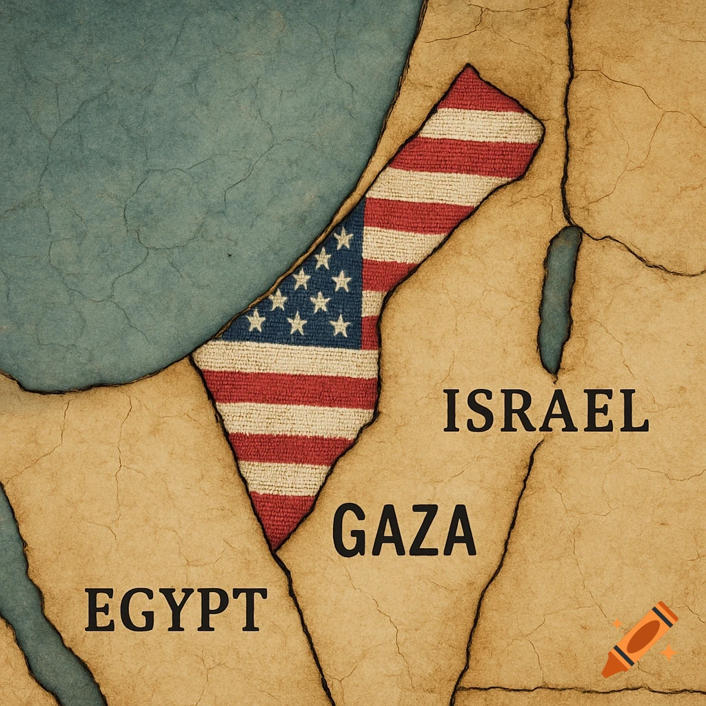 A vintage map of Egypt, Gaza, and Israel, with the US flag filling the Gaza region.