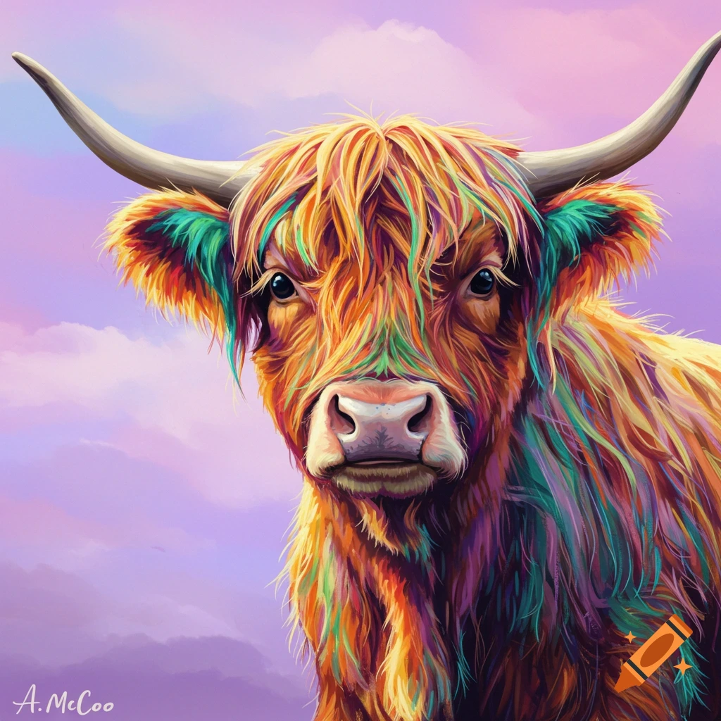 A vibrant multi-colored Highland cow against a purple sky.