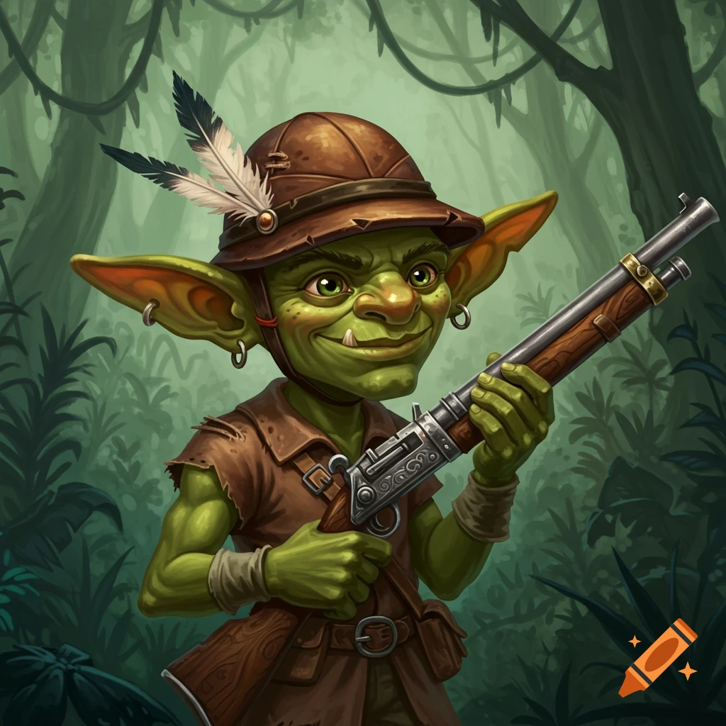 A goblin in a pith helmet holding a rifle in a forest.