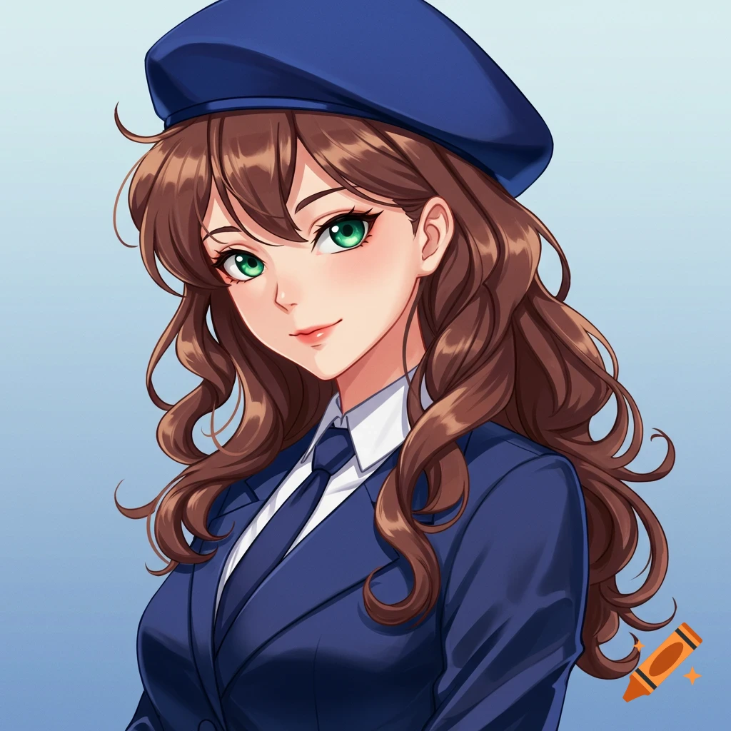 Anime portrait of a woman in a navy blue suit and beret.