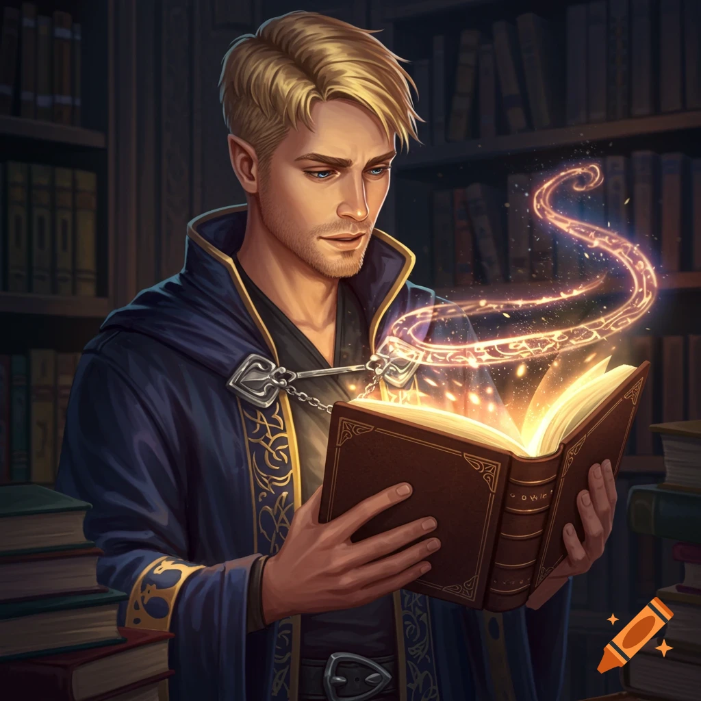 A blonde wizard with stubble reads a glowing magic book in a library.