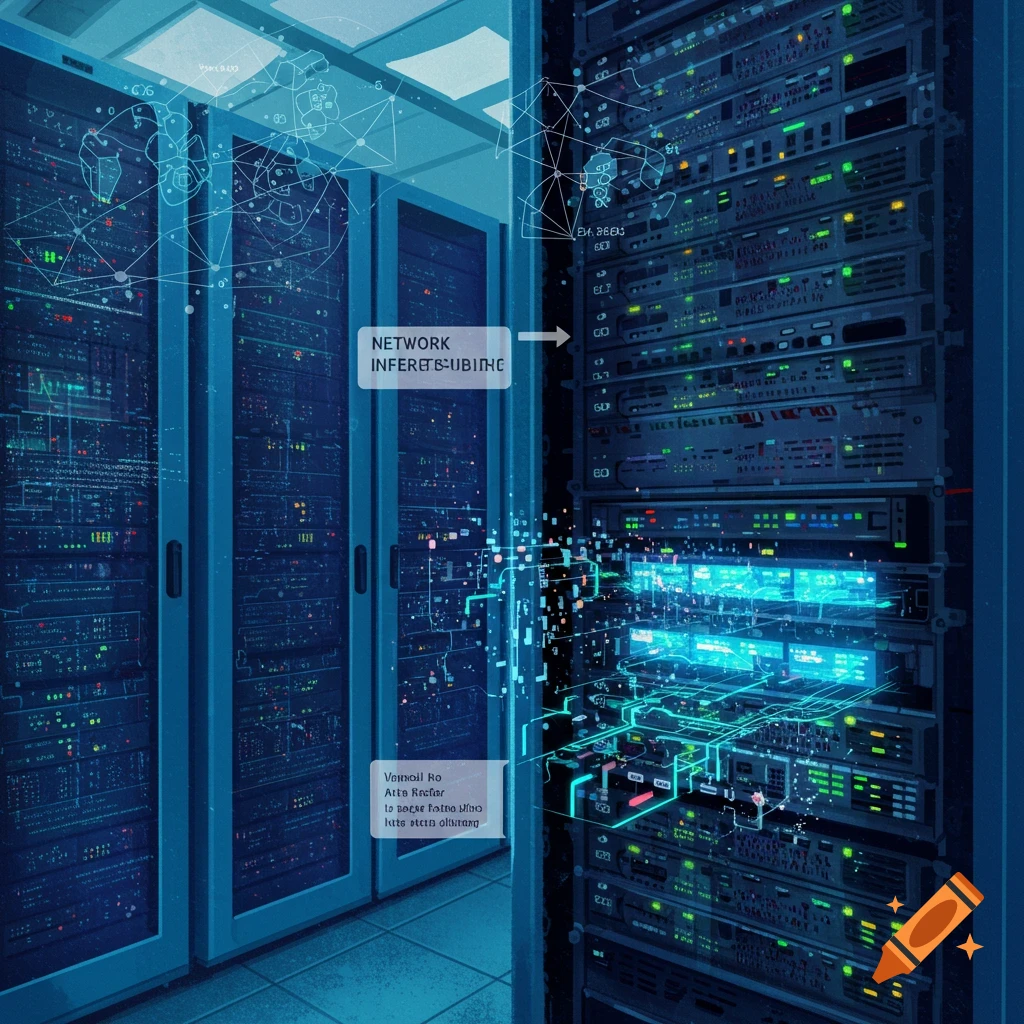 A server room with glowing blue lights and network diagrams.