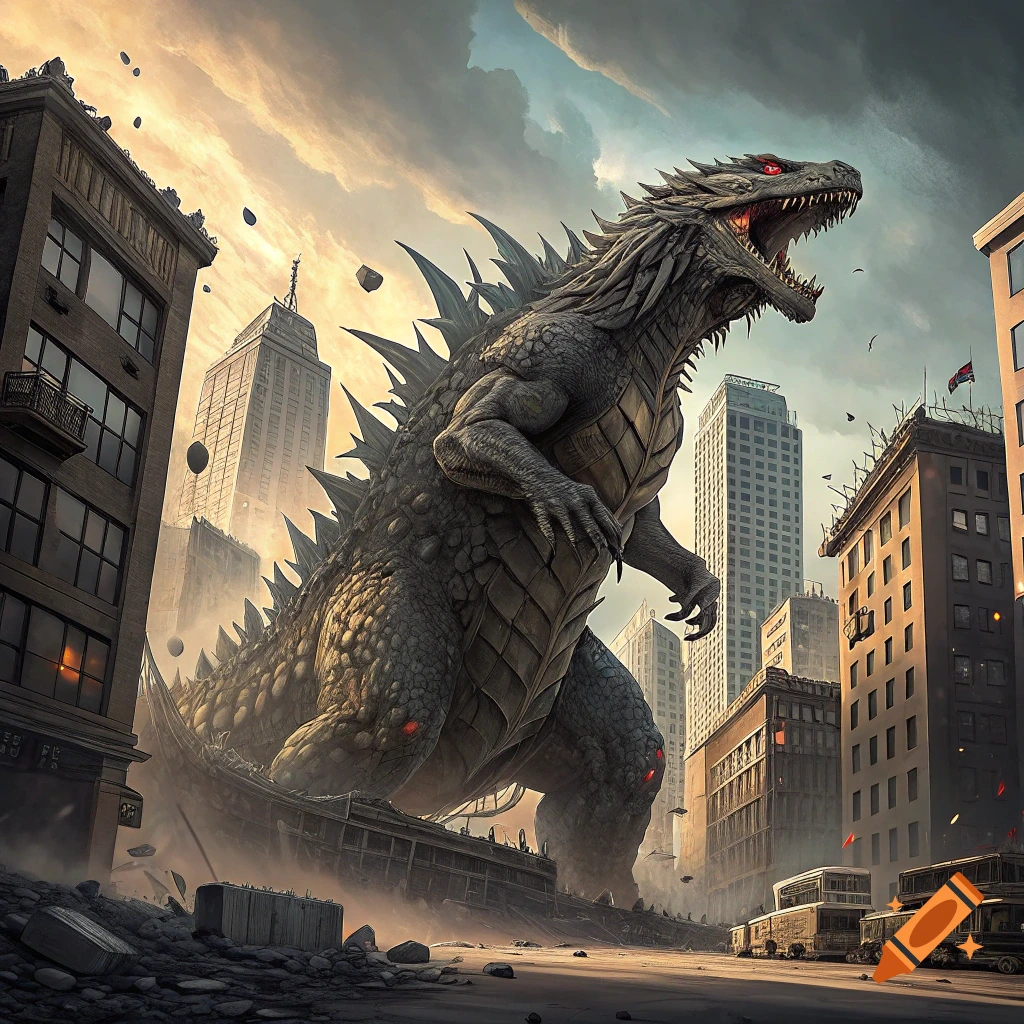 Giant monster attacks city, stomping buildings.