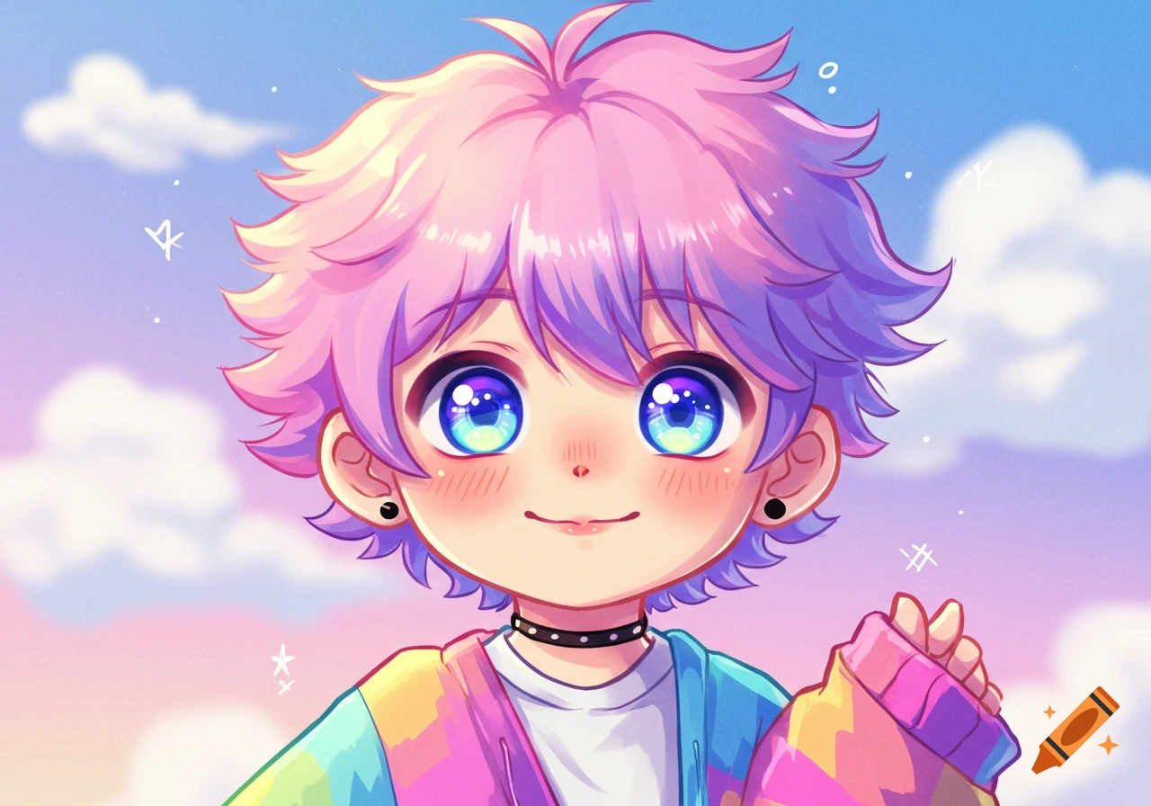 Cute anime boy with pastel hair and rainbow sweater in a colorful portrait.