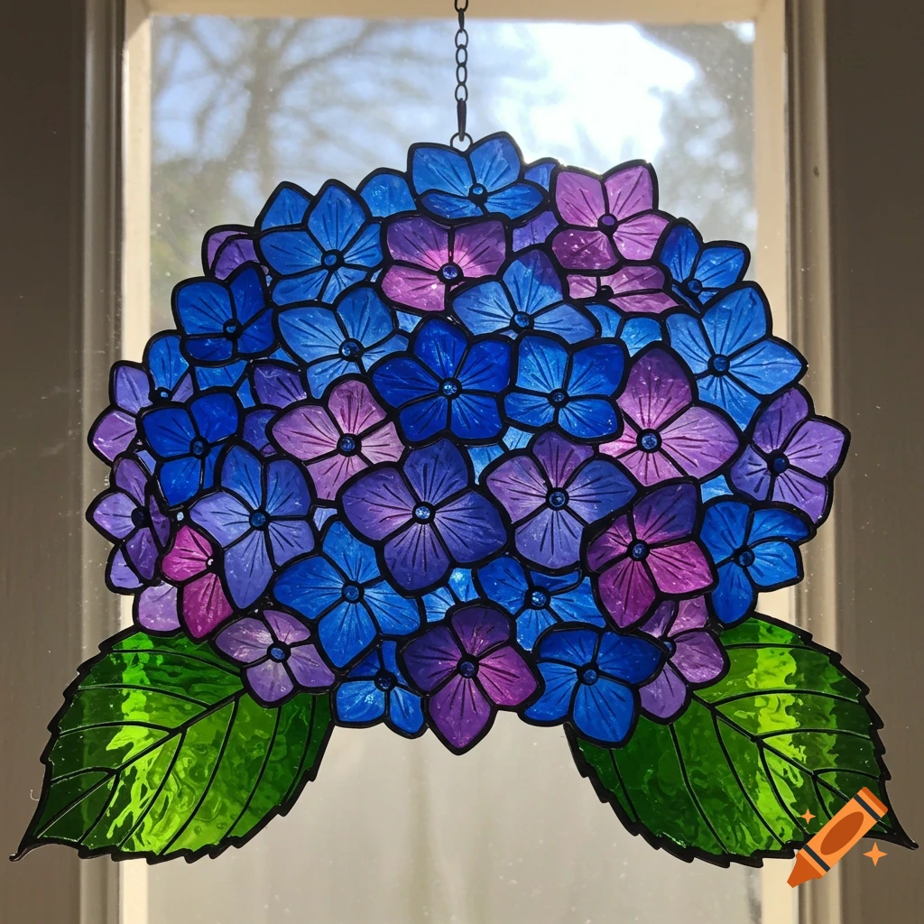 A stained glass suncatcher depicting a blue and purple hydrangea hangs in a window.