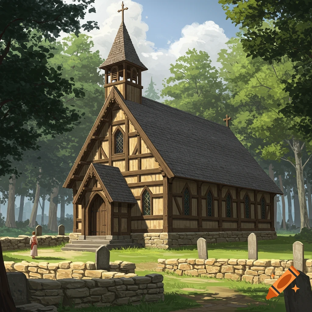 A wooden church with a stone foundation next to a cemetery in a forest.