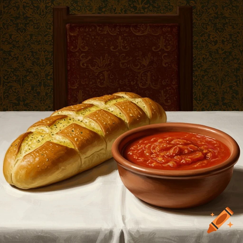 Garlic bread and spaghetti sauce are on a table with a chair in the background.