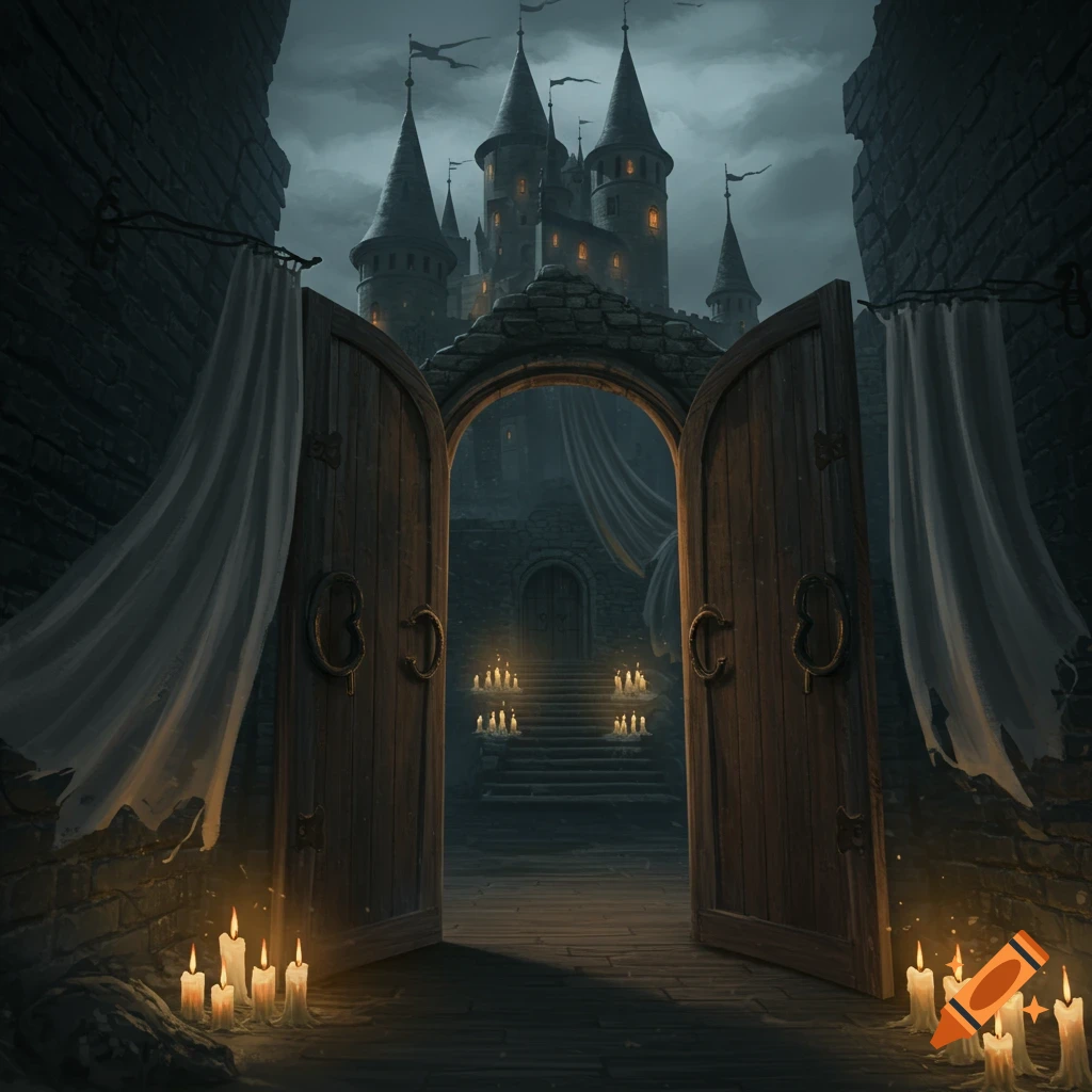 Open wooden doors lead to a spooky castle entrance lit by candles at night.