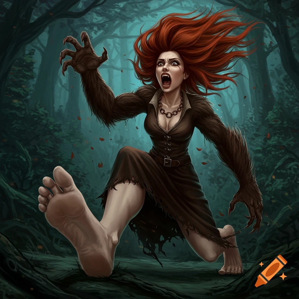 A woman with red hair transforms into a werewolf, with furry arms and a large foot, running through a dark forest.