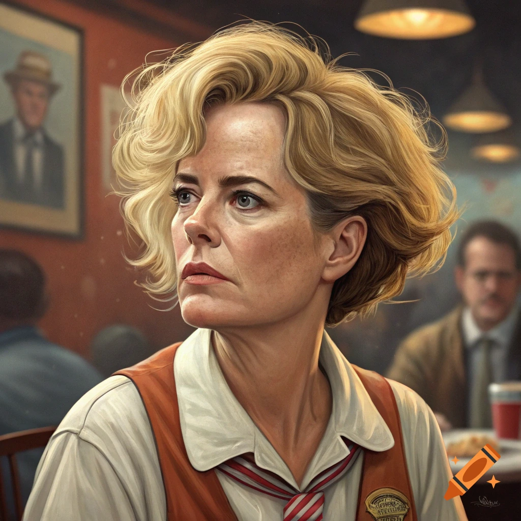 A detailed portrait of a woman with blonde hair in a diner setting, wearing a white shirt and orange vest.