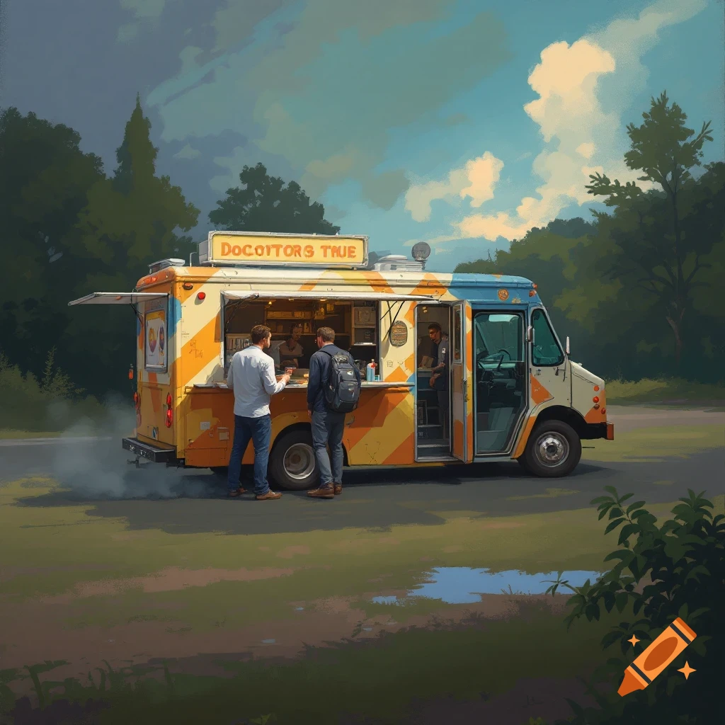 People order from a colorful food truck in a park.