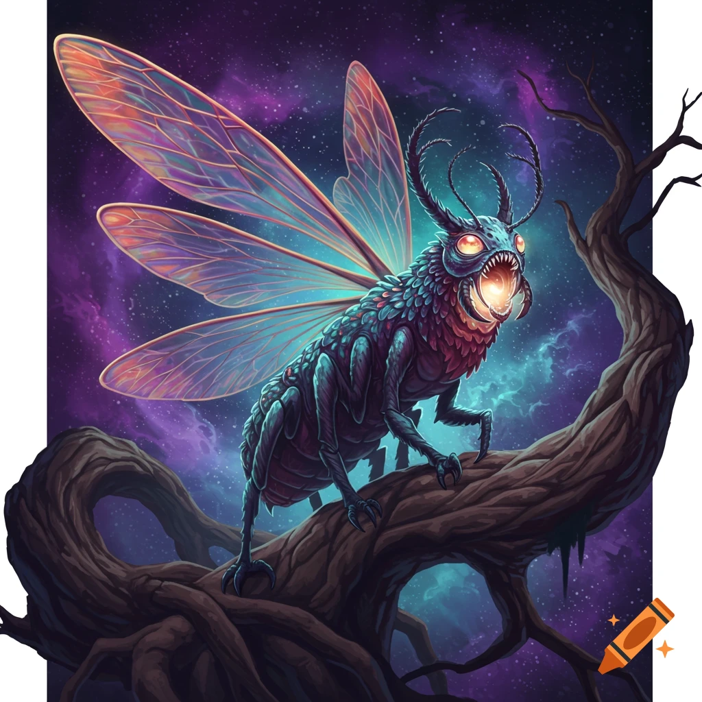 A winged insectoid monster with glowing eyes and mouth is perched on a tree branch under a starry, cosmic sky.