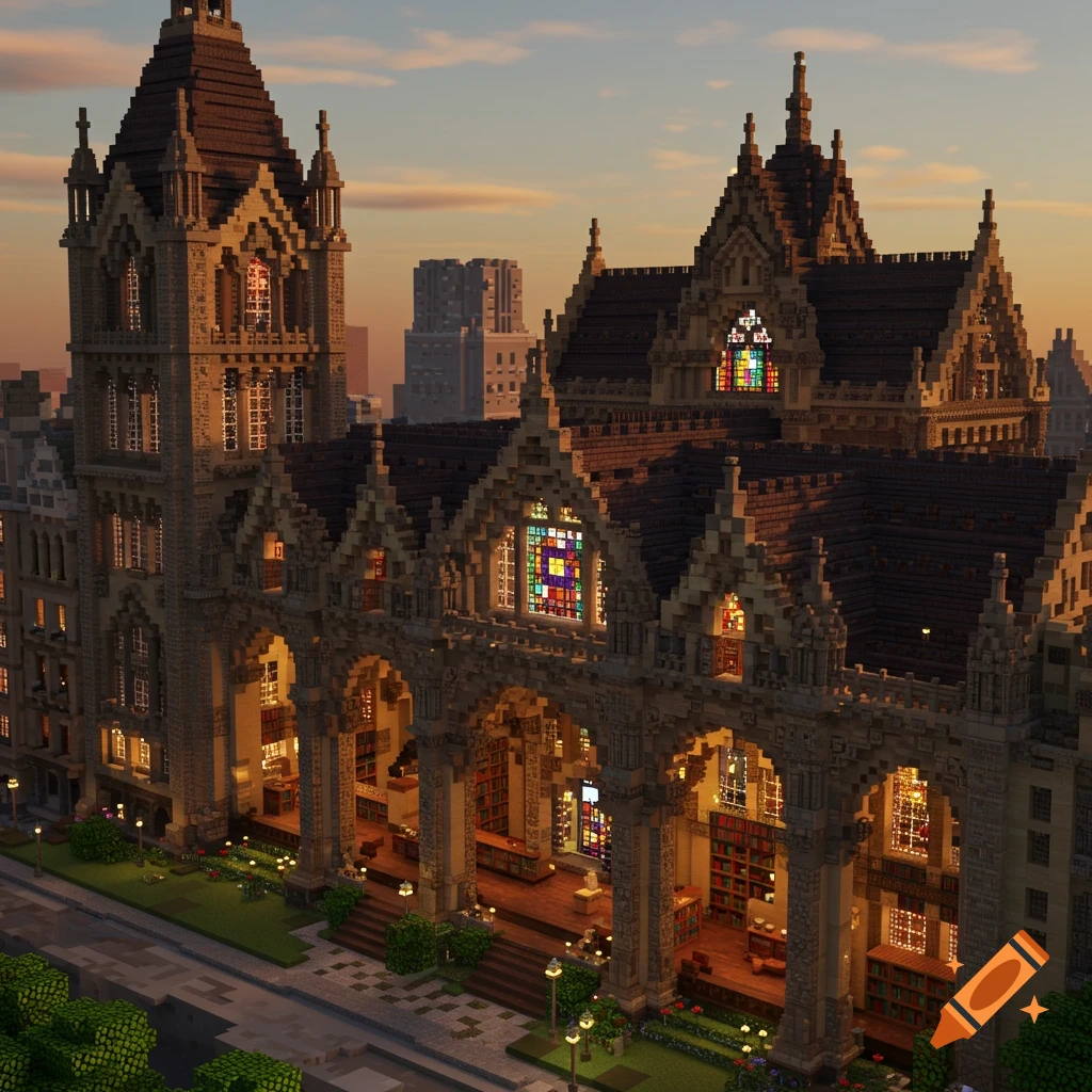 A large, ornate building in the style of Minecraft, resembling a gothic library with stained glass windows and illuminated interiors.