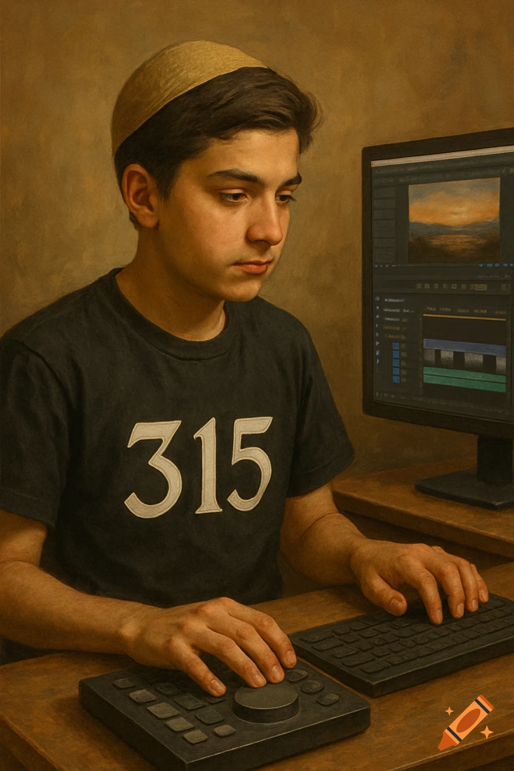 A teenage boy wearing a black t-shirt with '315' and a cap is focused on a computer screen showing editing software.