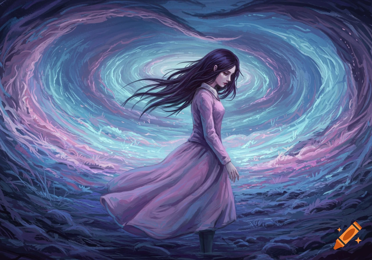 A woman in a pink dress walks in an abstract swirling background of purple and blue.