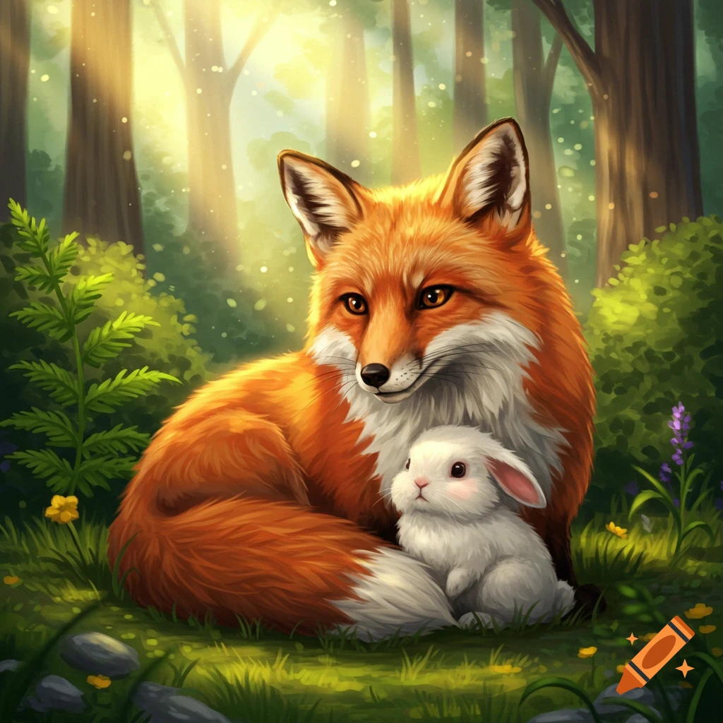 A fox and bunny sitting together in a sunny forest clearing.