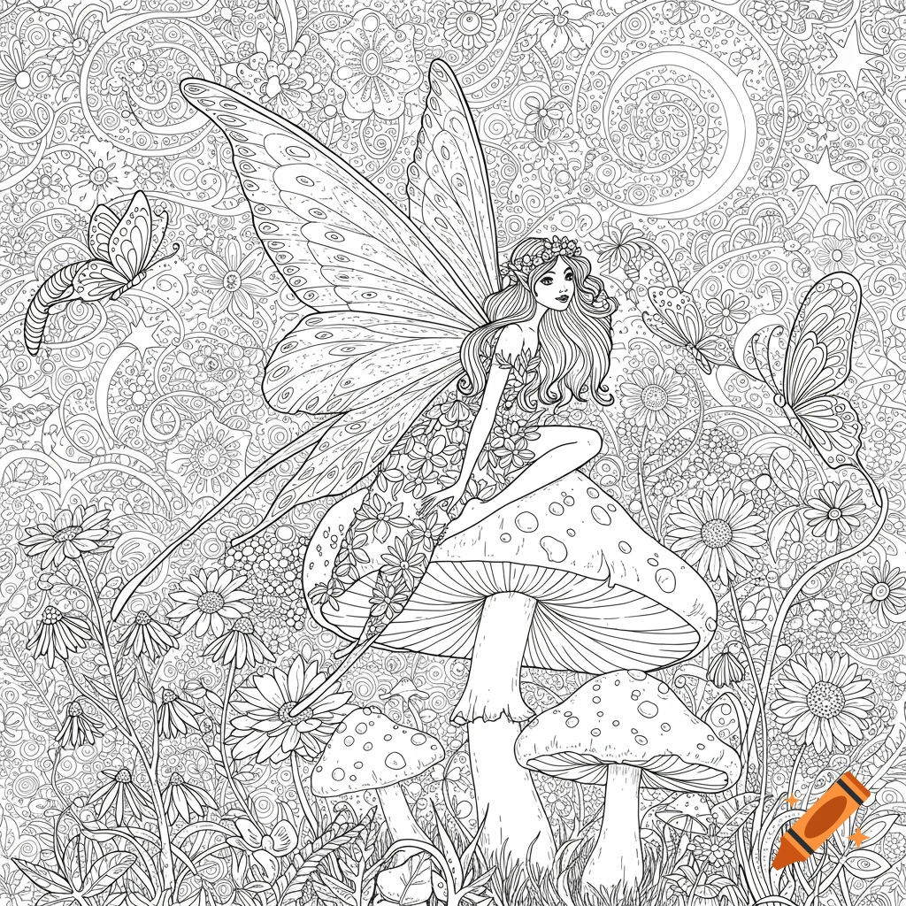 A detailed black and white line art coloring page of a fairy sitting on a mushroom surrounded by flowers and butterflies.