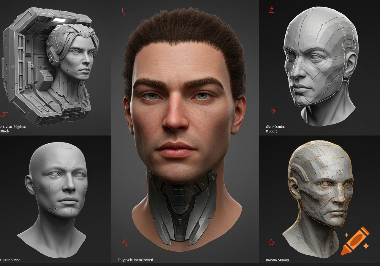 Multiple 3D rendered busts of human and cyborg heads.