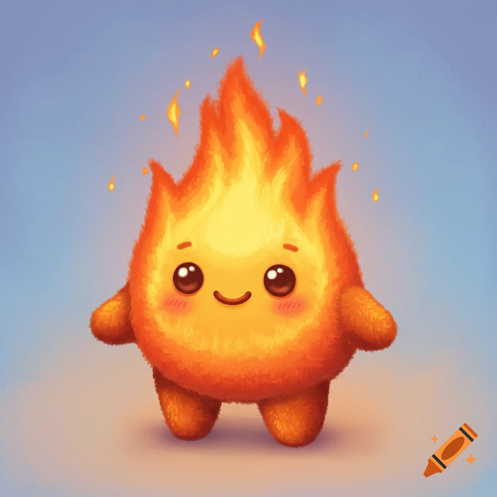 A cute, fluffy cartoon fire character with eyes, mouth, arms, and legs.
