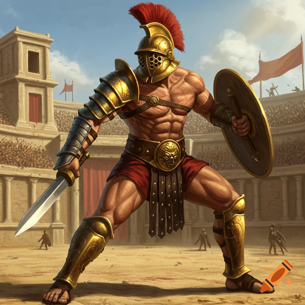A gladiator stands in a Roman arena with a sword and shield.