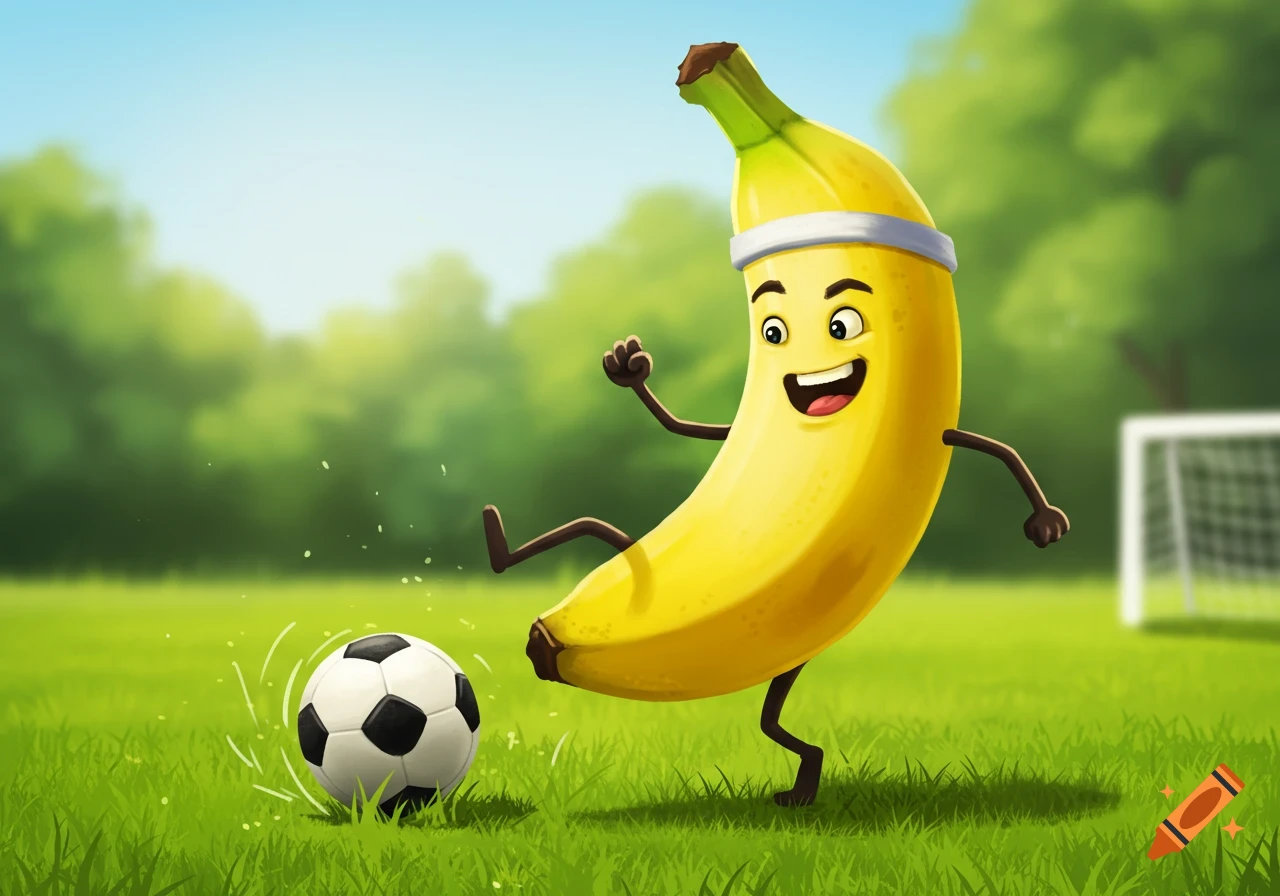 A cartoon banana character wearing a headband kicks a soccer ball on a grassy field.