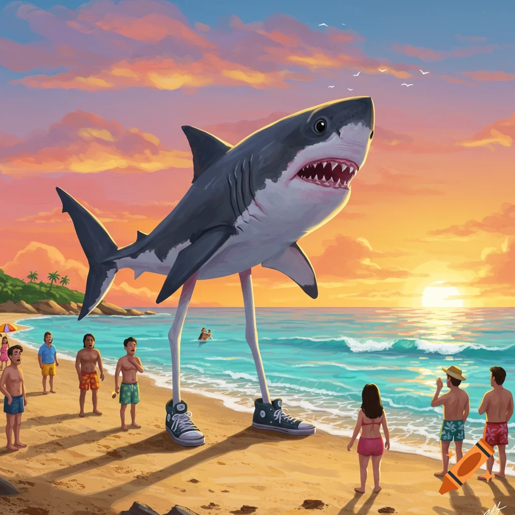 A shark with legs and shoes walks on a beach at sunset, with people watching.