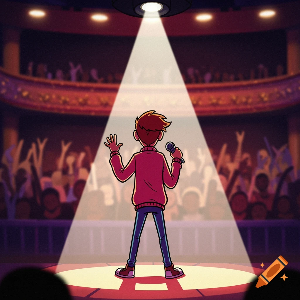 Animated cartoon of a person on a stage holding a microphone under a spotlight, with a blurry audience visible behind them.