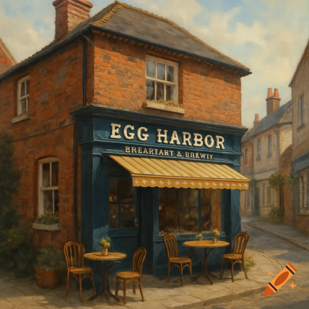 A painting of the Egg Harbor restaurant storefront with outdoor tables in a town.