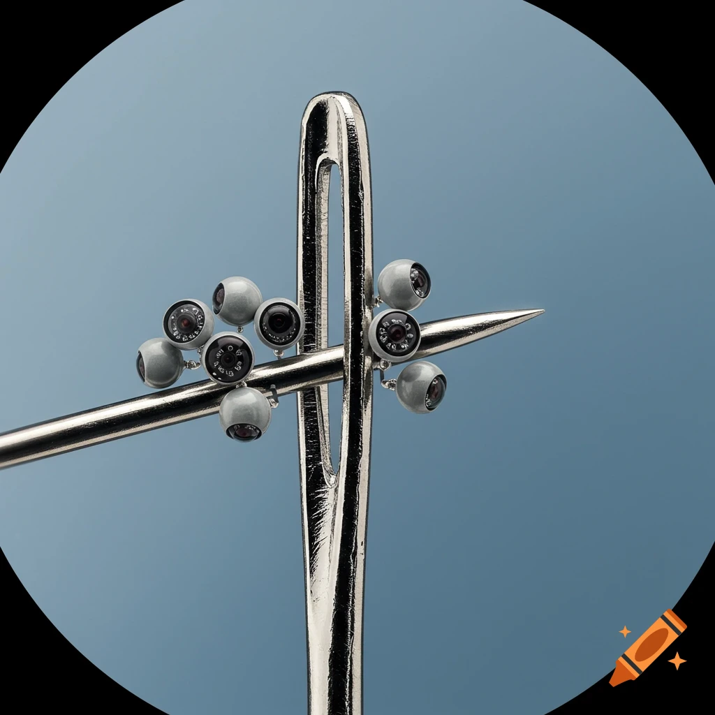 Close-up of a needle with small sphere cameras attached, against a blue background, macro photography style.