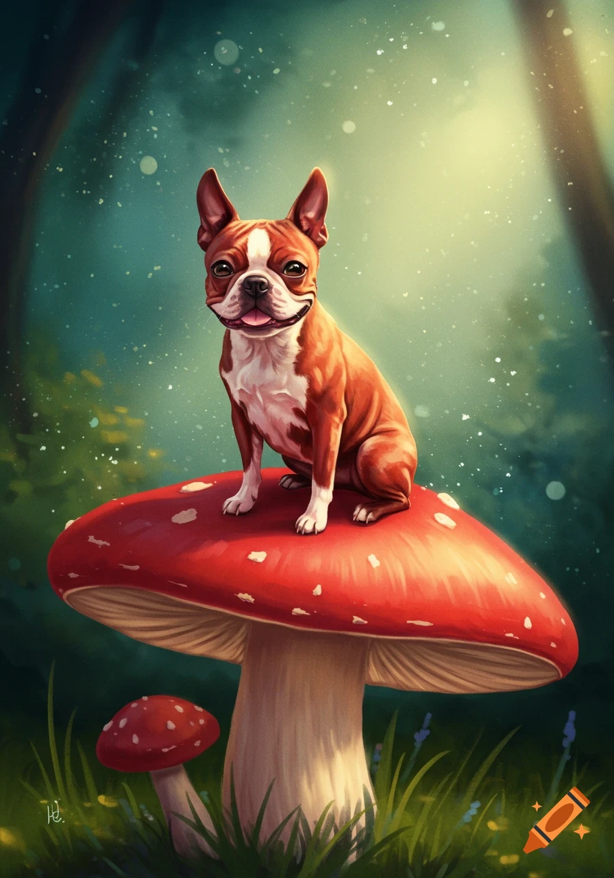 A cute Boston terrier dog sits atop a large red and white spotted mushroom in a magical forest.