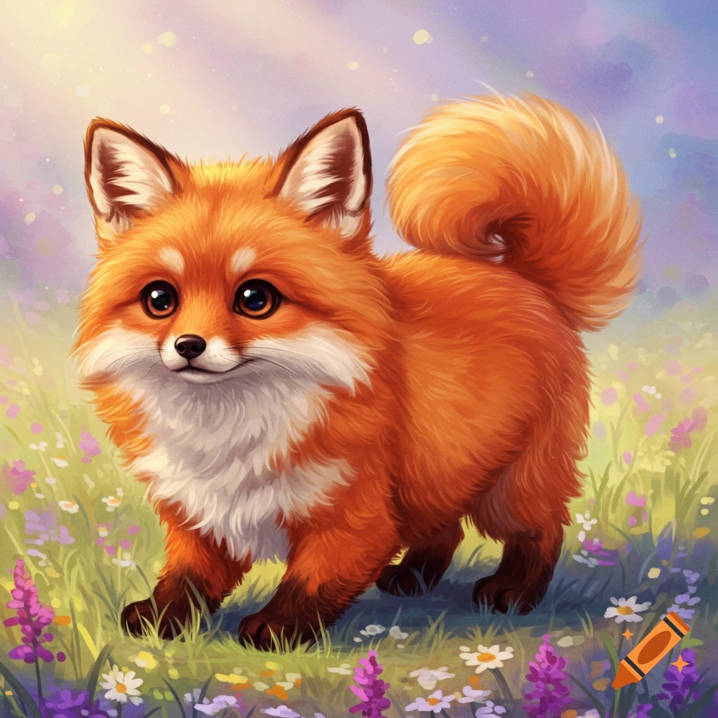 A cute, fluffy orange fox-like creature stands in a field of colorful wildflowers.